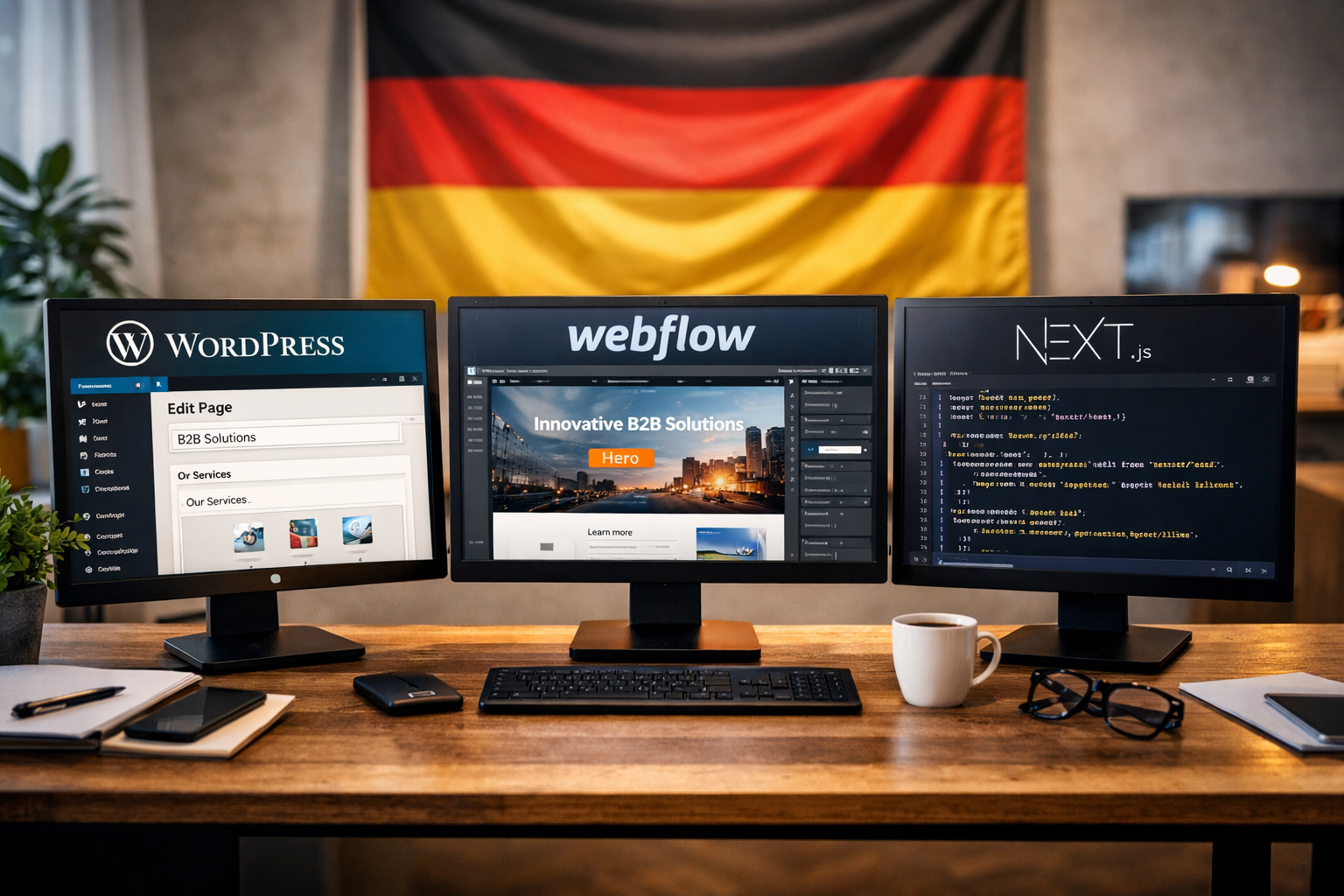 WordPress vs Webflow vs individuelles Next.js: Was ist am besten für eine B2B-Website in Deutschland? (Kosten, SEO, Wartung)
